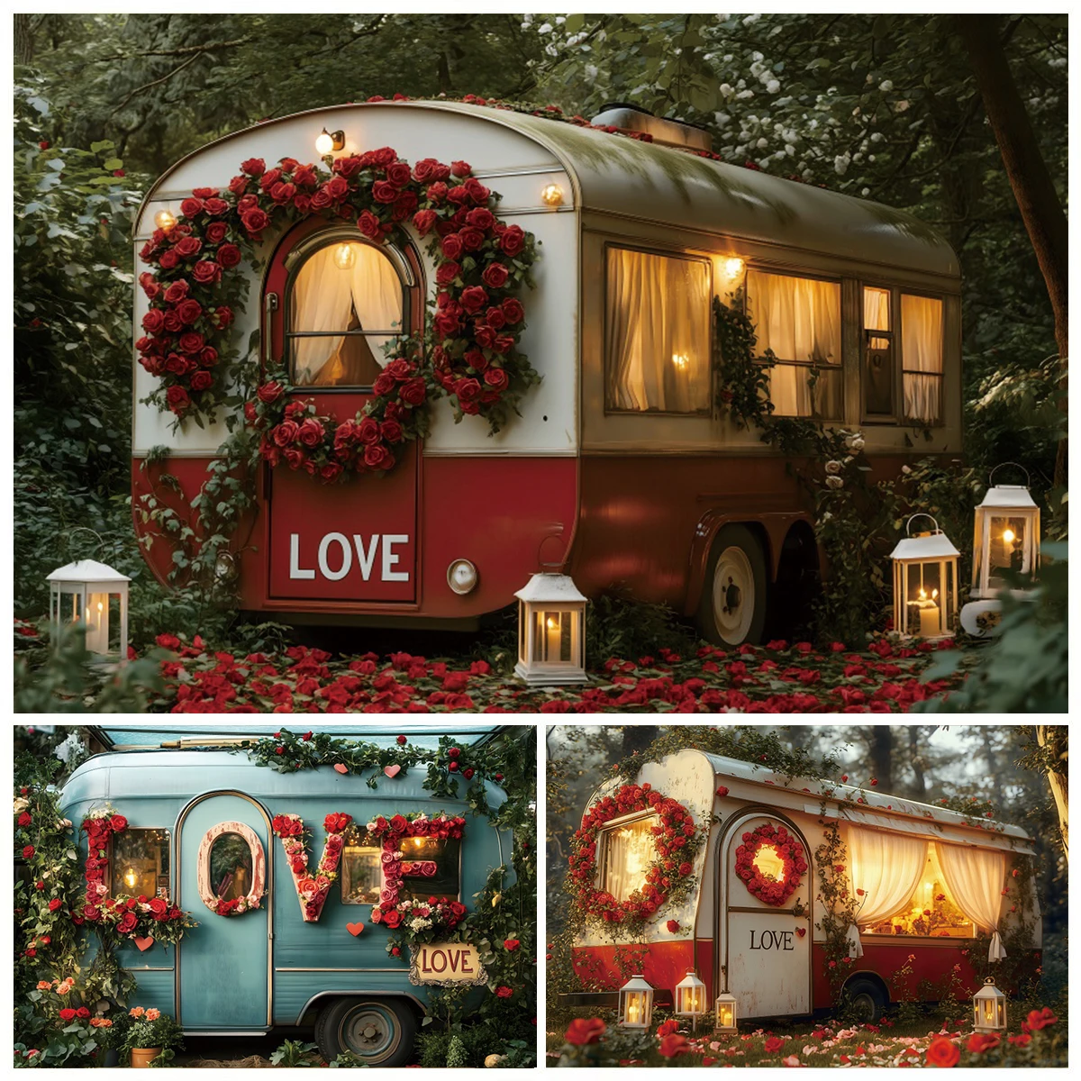 

Love Truck Photography Backdrop Romantic Red Rose Flowers Valentine's Day Wedding Portrait Bridal Shower Decor Photo Background