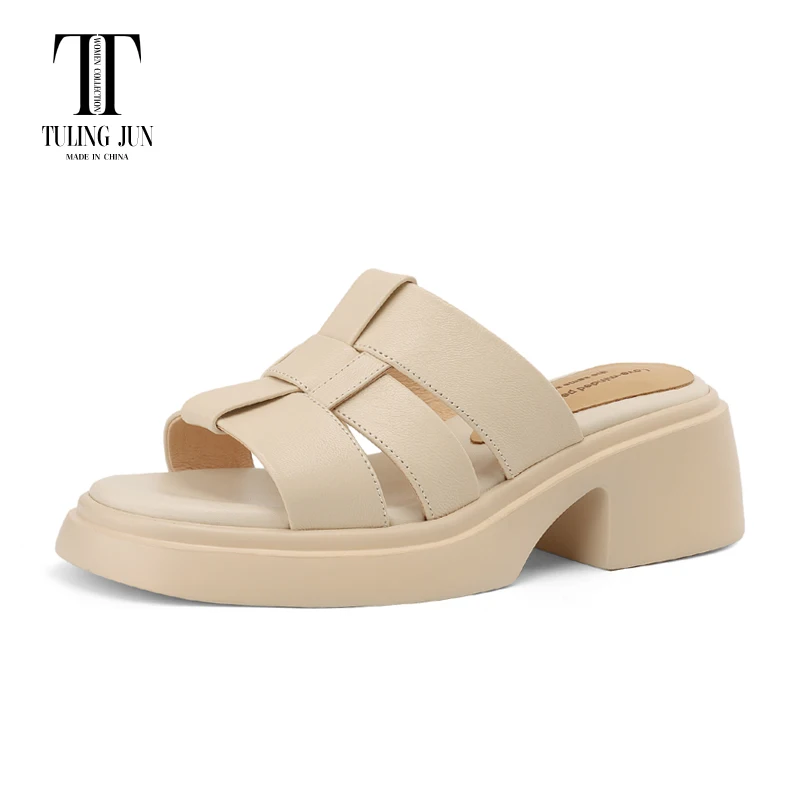 

TULING JUN 2024 Summer Women Concise Solid Color Open Toe Thick Bottom Slippers Med-Heels Sandals For Female Leisure T-319-1