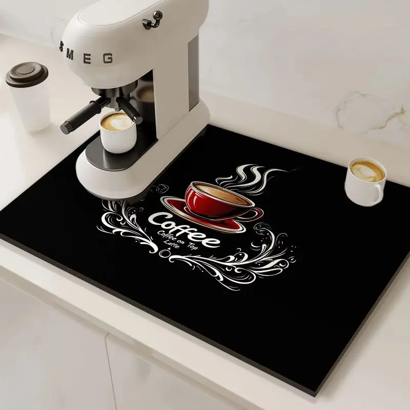 VIKAMA Vintage Cafe Graphic Black Background Kitchen Drain Mat Waterproof Heat Resistant Coffee Bar Absorbent Pad Home Decor