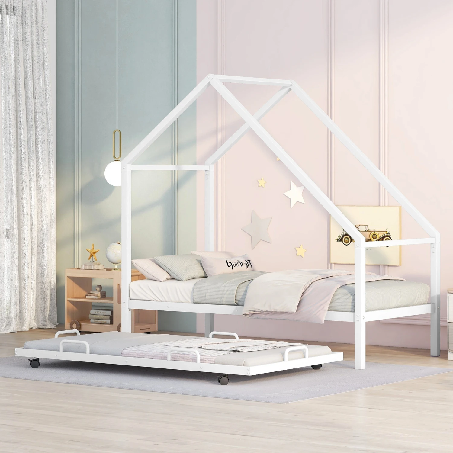 Metal Twin Size White House Bed with Trundle - Perfect for Kids' Bedroom