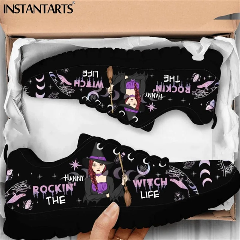 INSTANTARTS Magic Witch Bless Printed Women Lace Up Flat Shoes Autumn Winter Mesh Breathable Sneaker Shoes for Girls Light Flats