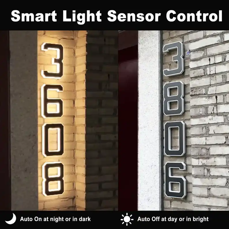 Solar LED House Number Sign Waterproof Outdoor Light Sensor Solar Powered Modern Address Plate for Garden Yard Home