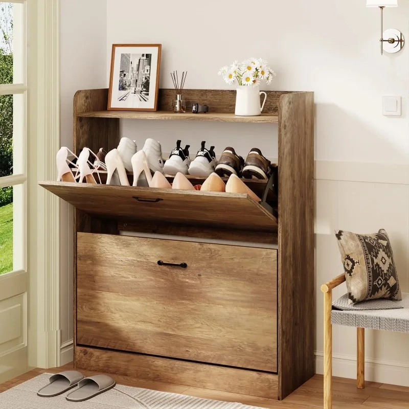 

Shoe Cabinet with Flip Drawers, Farmhouse Wood Shoe Storage Cabinet,5-Tier Customizable Storage Freestanding Narrow