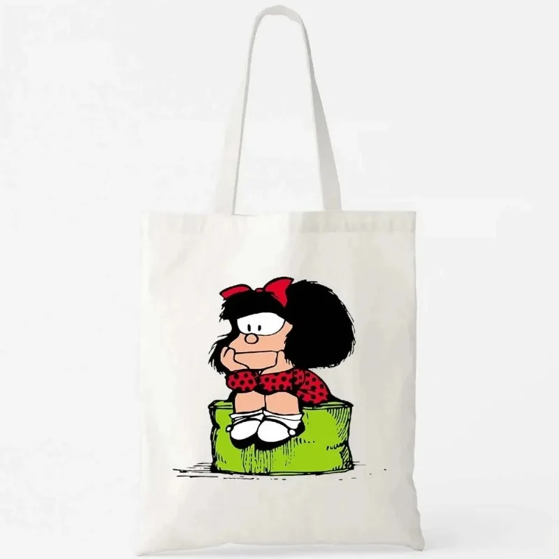 Kawaii Mafalda Retro Anime Girl Canvas Shoulder Bag Reusable Large Capacity Eco-Friendly Fashion Shopping Bag Ladies Handbag