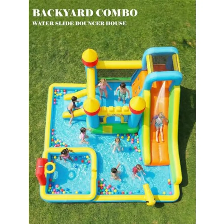 Backyard inflatable water slide bounce house for kids aged 3-10, PVC material, blue and yellow, 11-in-1 design with long slide,