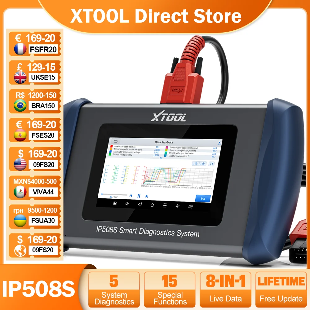 

XTOOL InPlus IP508S OBD2 Car Diagnostic Tools Automotive Scanner 5 System CAN FD Protocol 15 Functions TPMS Reset Free Update