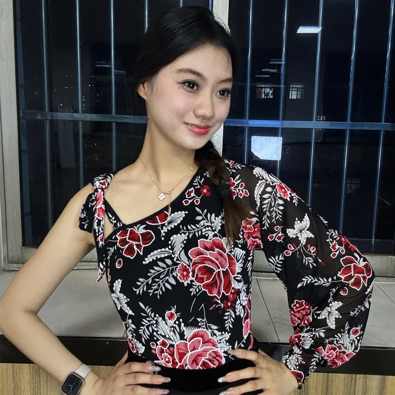 Nuove donne una manica danza latina top nero danza moderna top adulti sala da ballo concorso di ballo vestito pratica usura SL14126