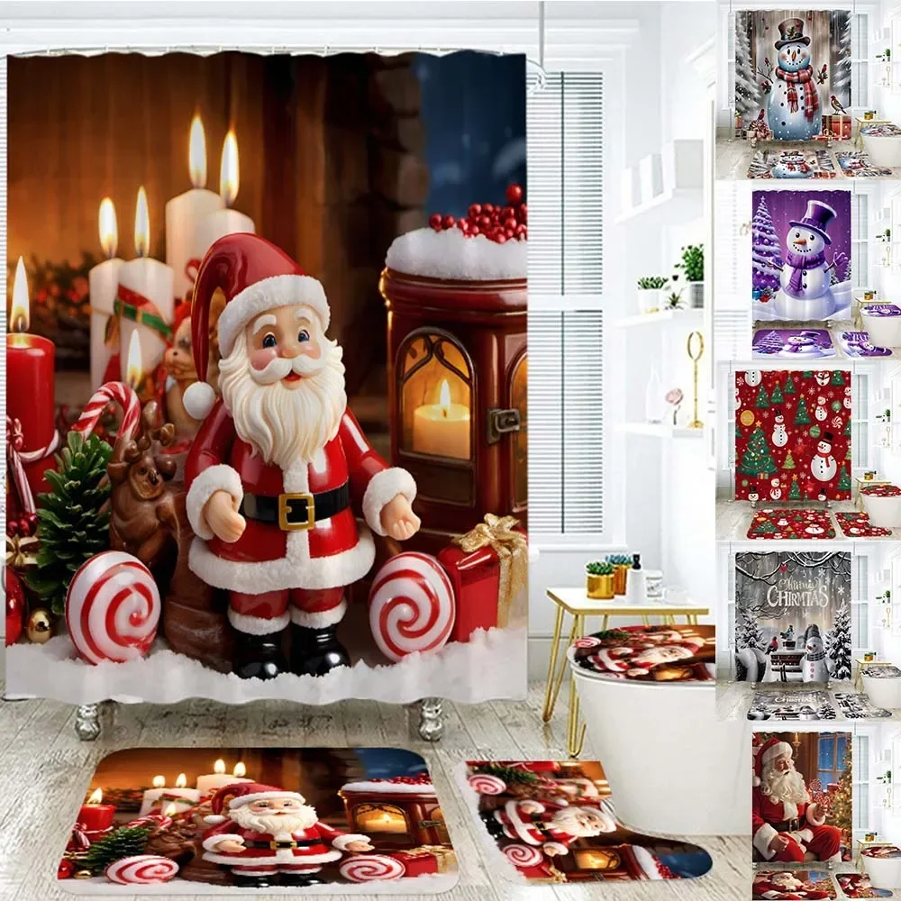 180x180cm Christmas Floor Mat Santa Claus Pattern Shower Mat Set Partition Bathroom Waterproof and Mildew Proof Shower Curtain