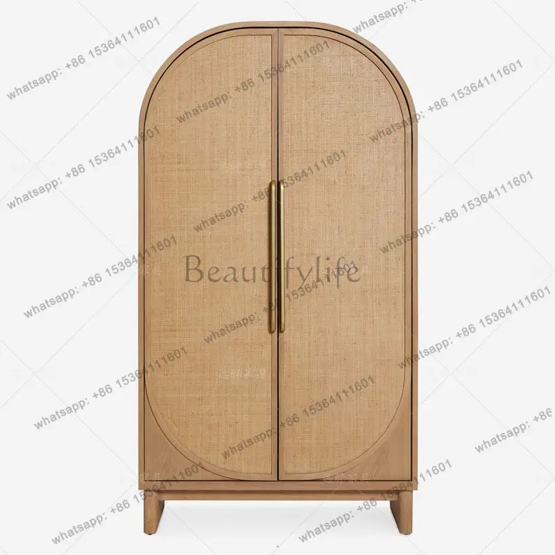 Nordic light luxury simple bookcase, startling wind rattan bed and breakfast log color double door storage arched large cabinet