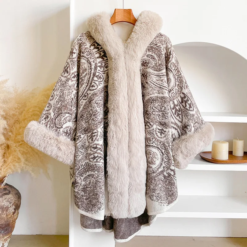 شتاء جديد بيزلي الجاكار المعطف شال المرأة الدافئة هامش تقليم البلوز كيب مقنعين حجم كبير ملابس خارجية غير رسمية #1