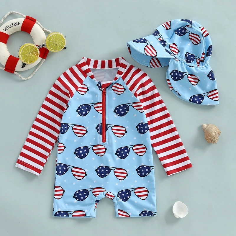 SUNSIOM Kids Boys Patriotic Swimwear Summer Sunglasses Print Zipper Rash Guard Swimsuit and Hat Beachwear Bathing Suit