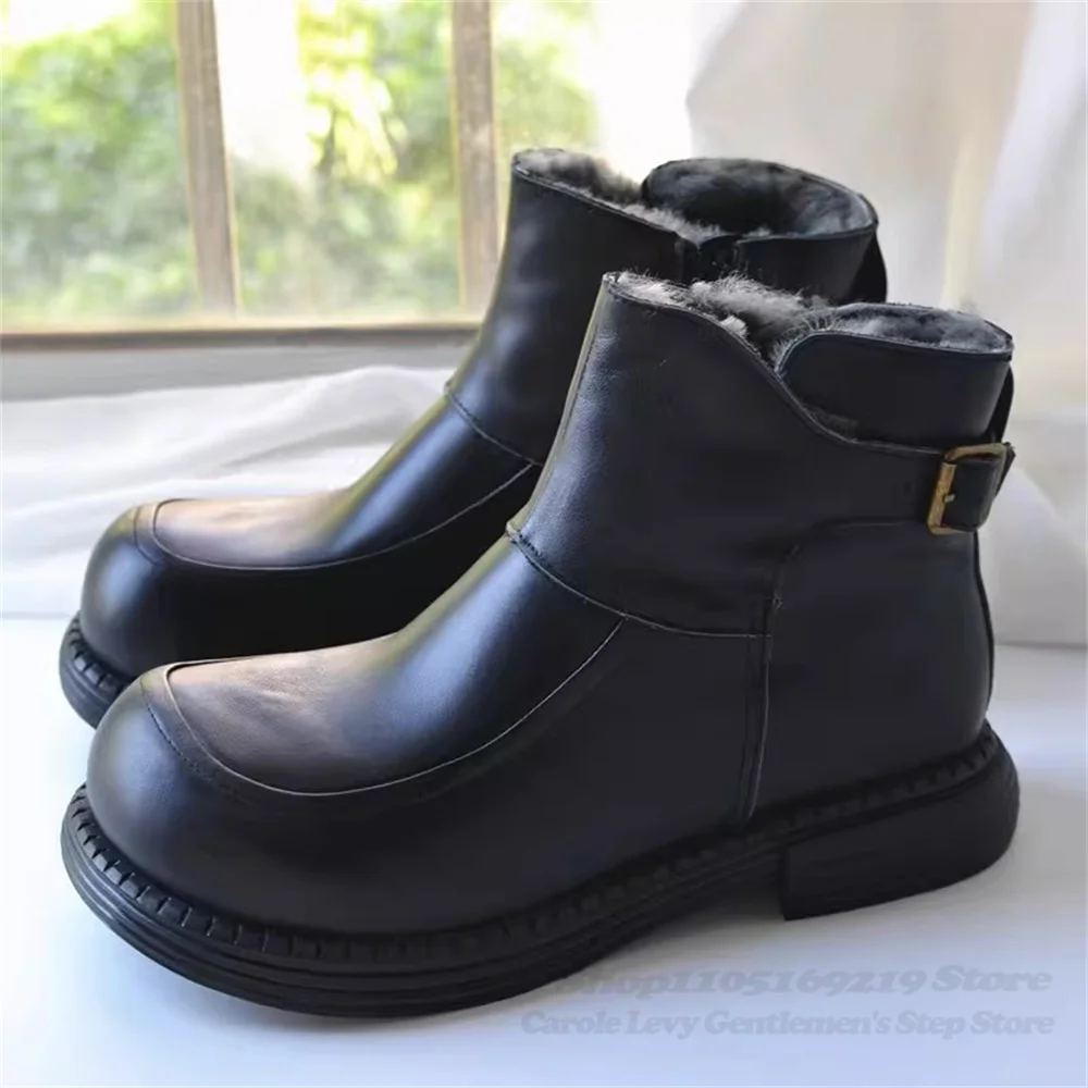 Wide Foot Plus Size Genuine Leather Wool Men Anti Slip Snow Boots Fur Integrated Smooth Leather Short Boots Winter Cotton Shoes