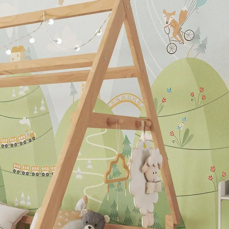 سرير منزلي كامل مع أضواء، سرير منزلي منخفض الطابق مع سياج وسقف للأطفال، لمسة نهائية طبيعية، تصميم آمن وأنيق للأولاد #6