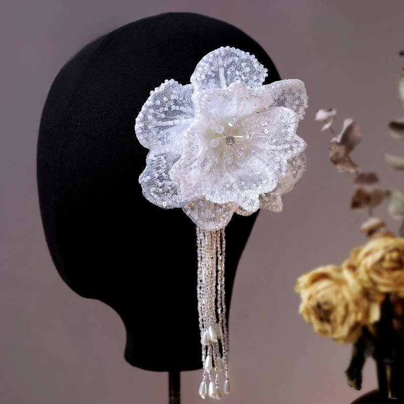 الفرنسية الرجعية الصناعة الثقيلة المطرزة الدانتيل زهرة شرابة مشبك شعر غطاء الرأس
