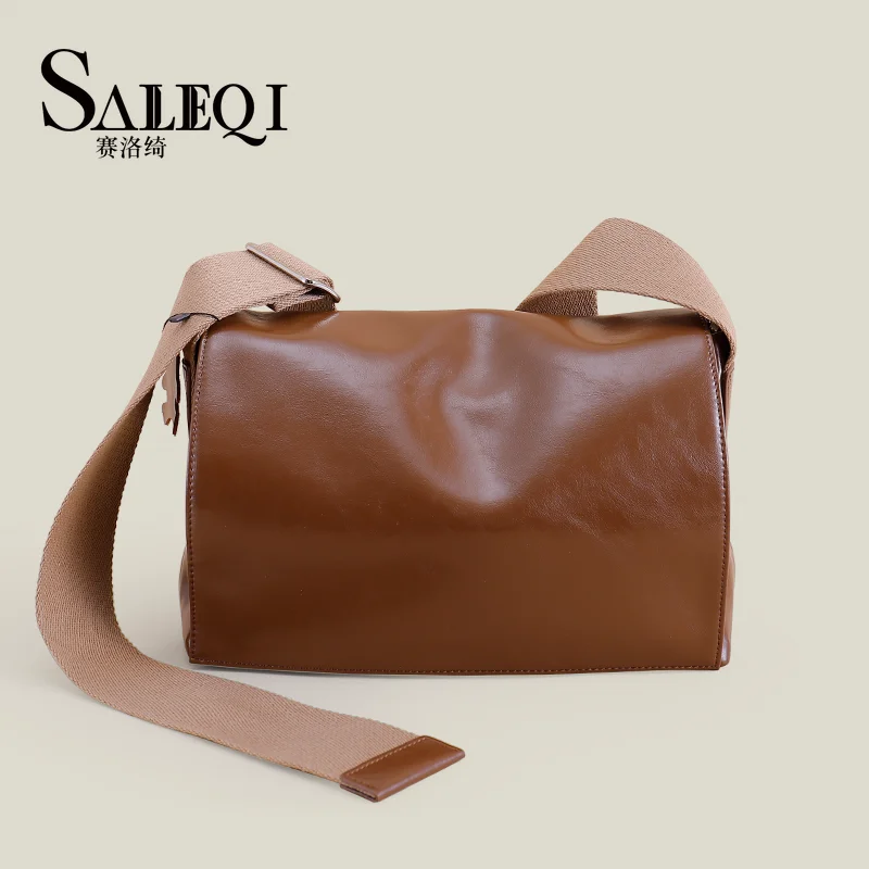 

Genuine Grade Cow Leather Women's Shoulder Crossbody Bags Luxury Designer Brand Soft Cowhide Wide Shoulder Strap Postman's Bag