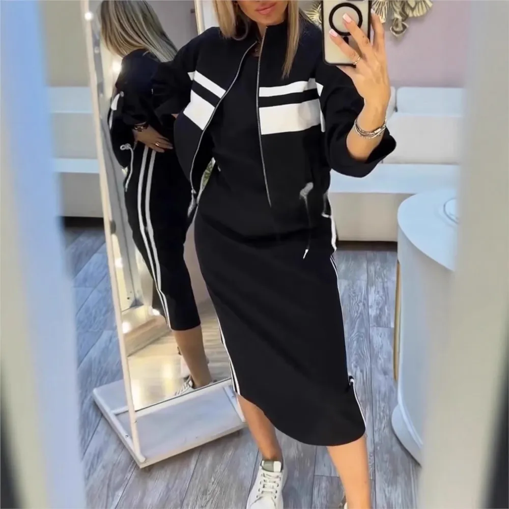 Women's Fashion Color-blocked White Striped Hip-covering Sweatshirt Dress 2piece Set Female Casual Zipper Jacket Coat Dress Suit
