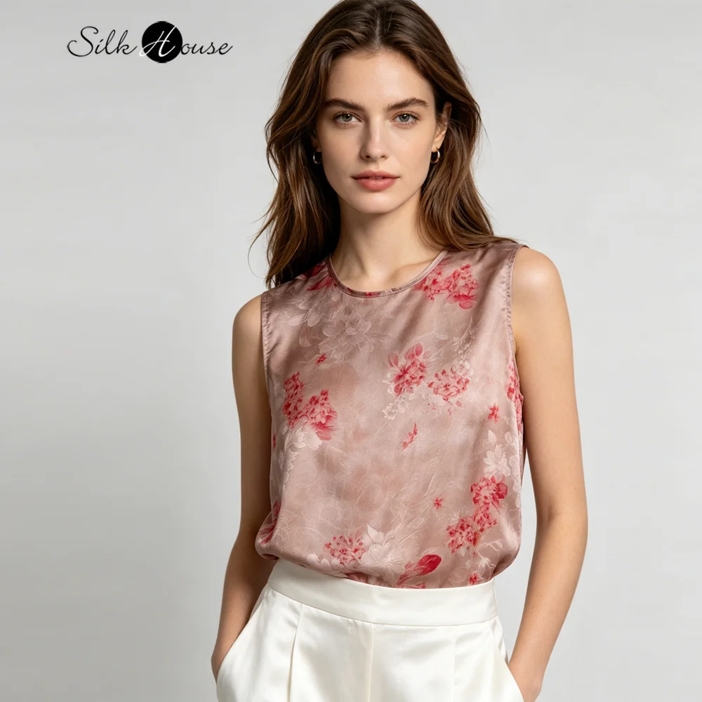 

Women's Casual Summer New 100% Natural Mulberry Silk Flower Rose Skin Friendly Round Neck Sleeveless Printed Vest