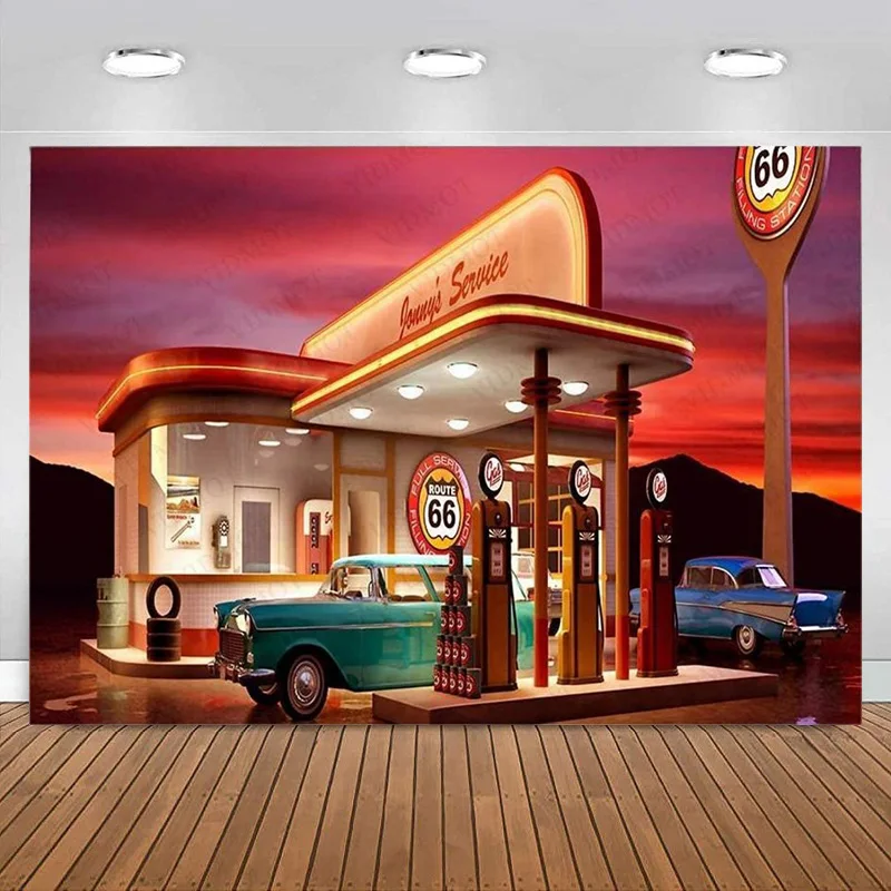 

50s Backdrop for Photography Route 66 Gas Station Background Adult Bebroom Vintage Car Backdrop Event Party Decoration Banner