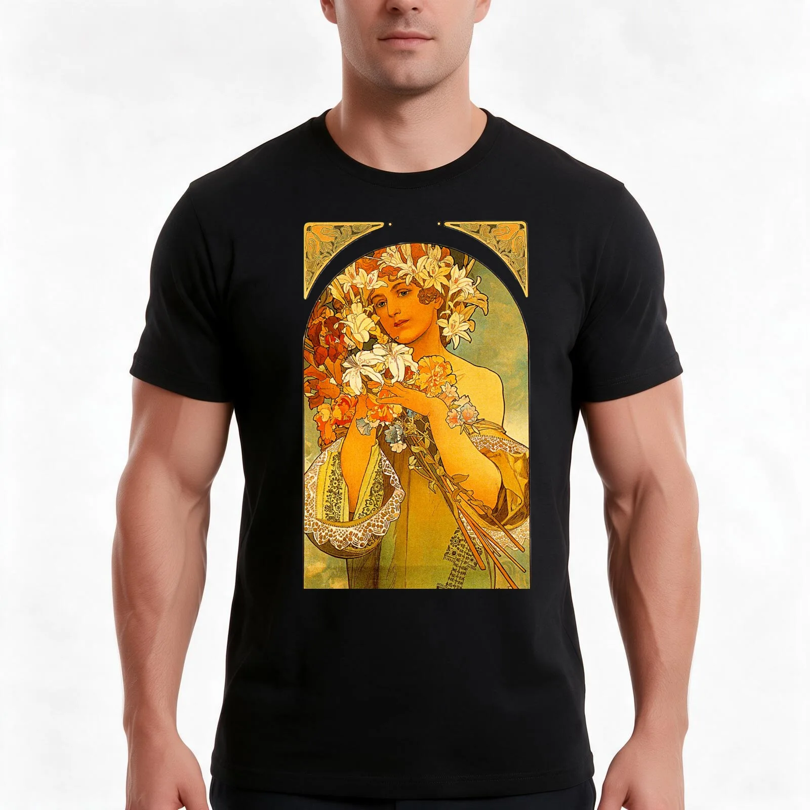 Flower by Alphonse Mucha T-Shirt, Summer Casual Cotton Tee, Oversized Streetwear Tops, Vintage Graphic Print, Unisex Men Women