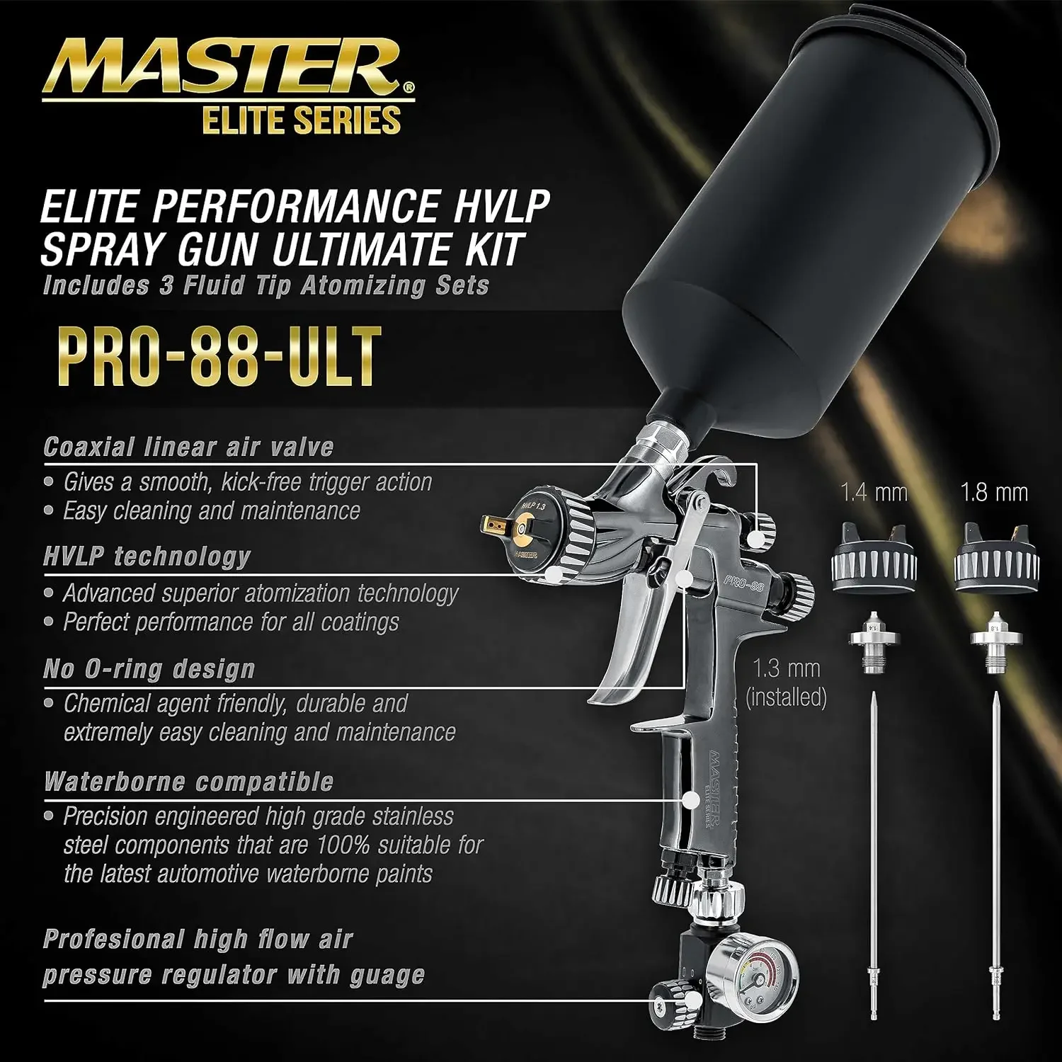 Elite Performance PRO-88 Series HVLP Spray Gun Ultimate Kit with 3 Fluid Tip Sets 1.3, 1.4 and 1.8mm and Air Pressure Regulator