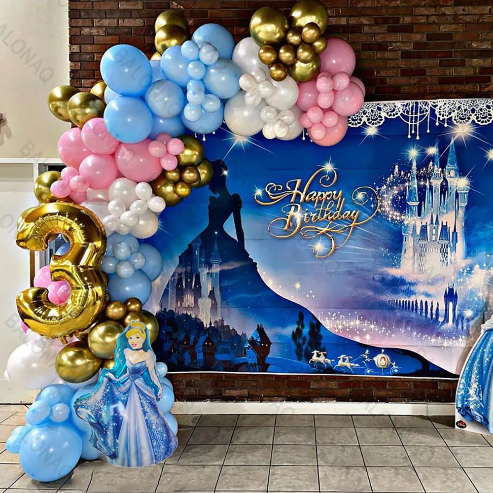 124pcs Disney Cinderella Princess Balloon Set Gold Number Foil Balloons Girl Kids 1st Birthday Party Baby Shower Decorations