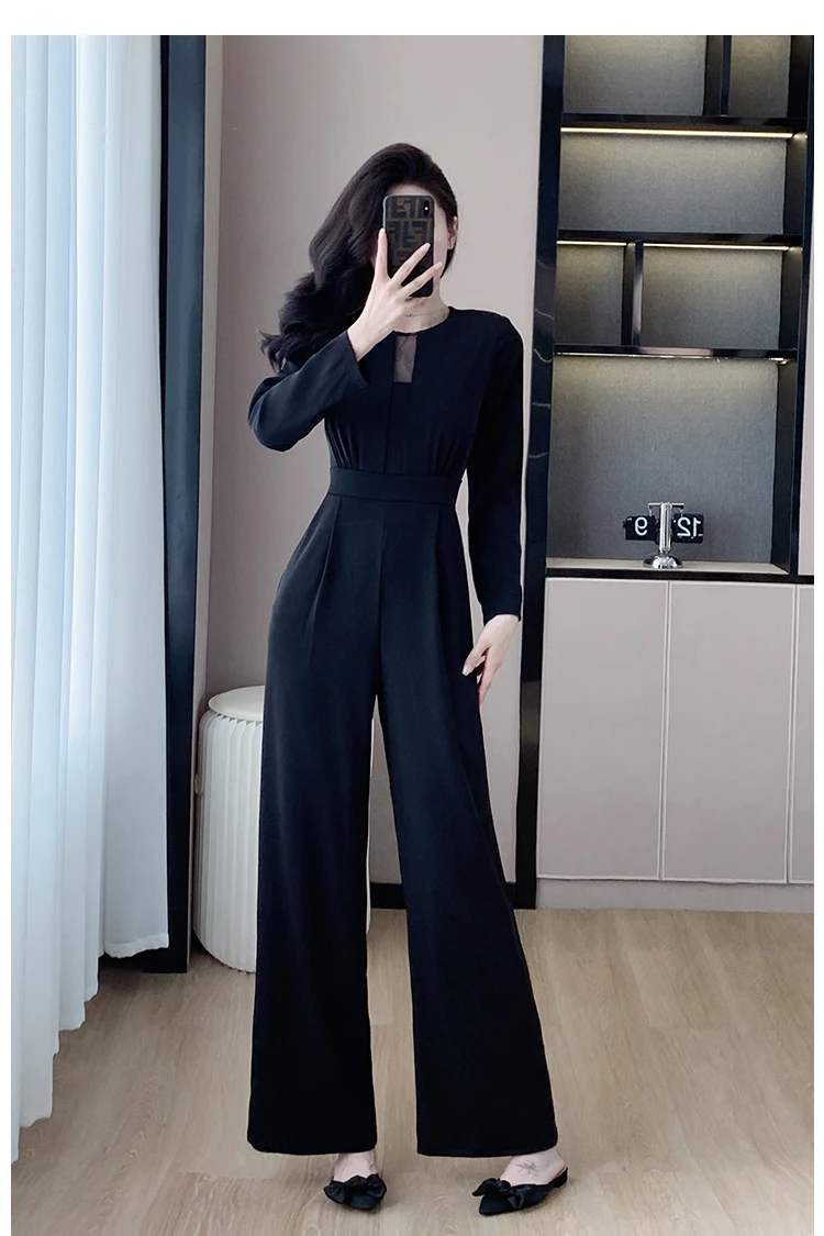 

2024 Spring New Fashion Sexy Mesh See Through Black Jumpsuit Women's Sexy Elegant Wide Legs Pants Streetwear Fashion OL Bodysuit