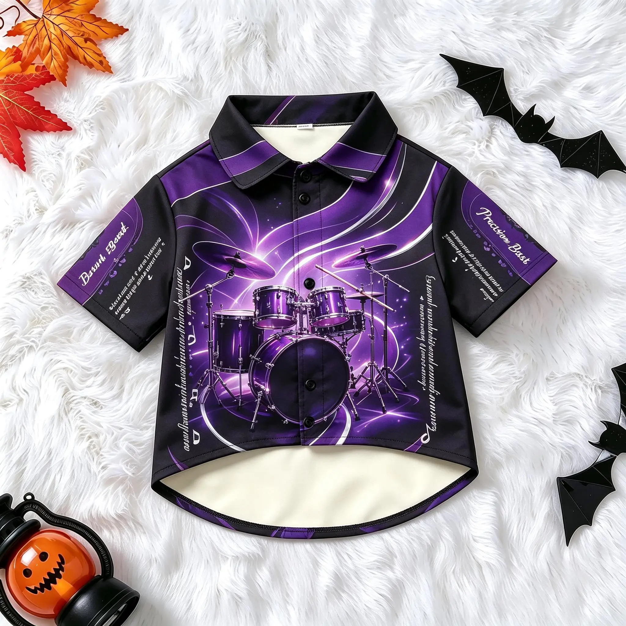 Pet Dog Shirt Purple Neon Drum Kit Music Print Comfortable Button Up for Small Medium Dogs Rock Band Theme Party Wear