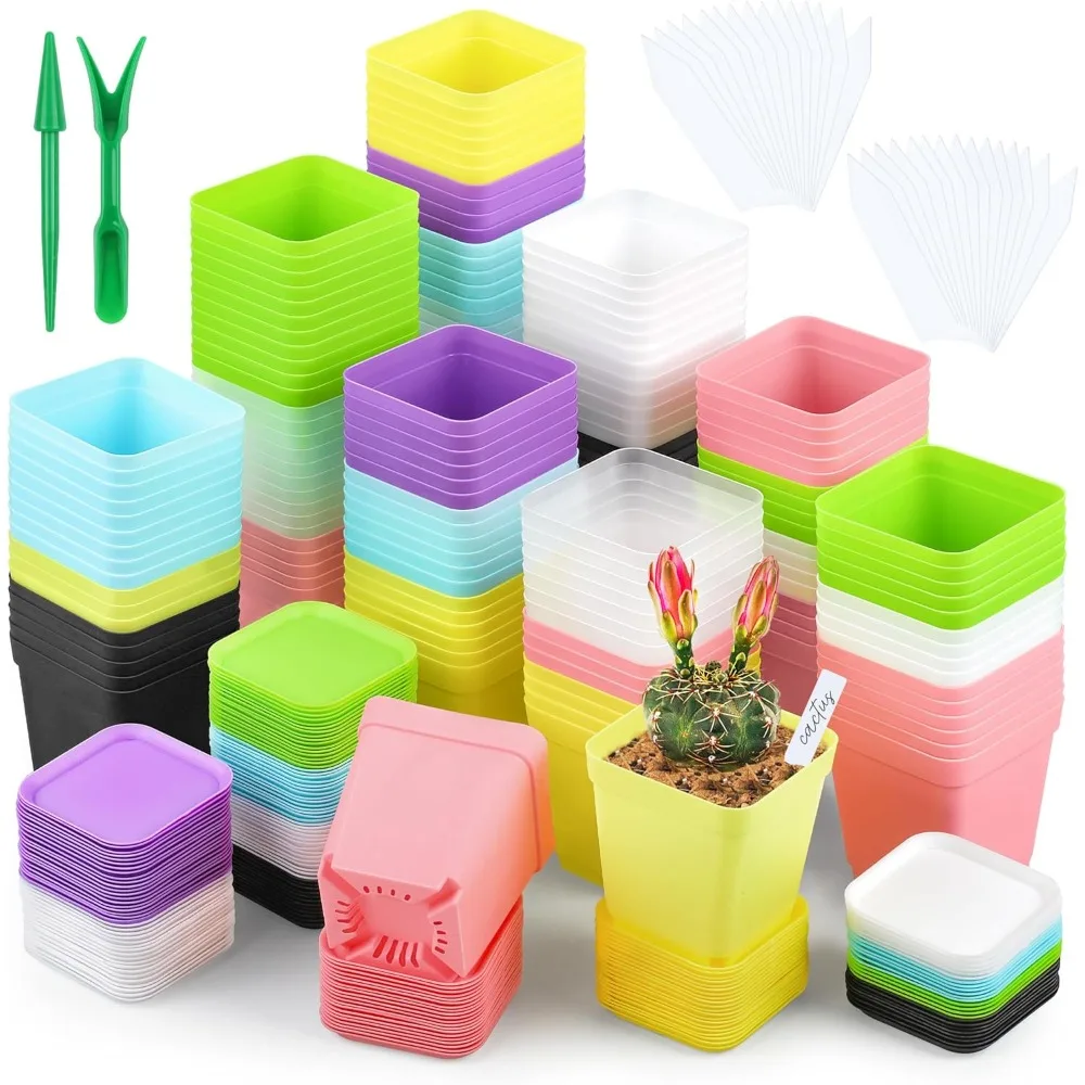 

160 Pieces Square Flower Plant Pots 3 Inch Flower Seedling Nursery Pots with Pallet Colorful Mini Plastic Planters