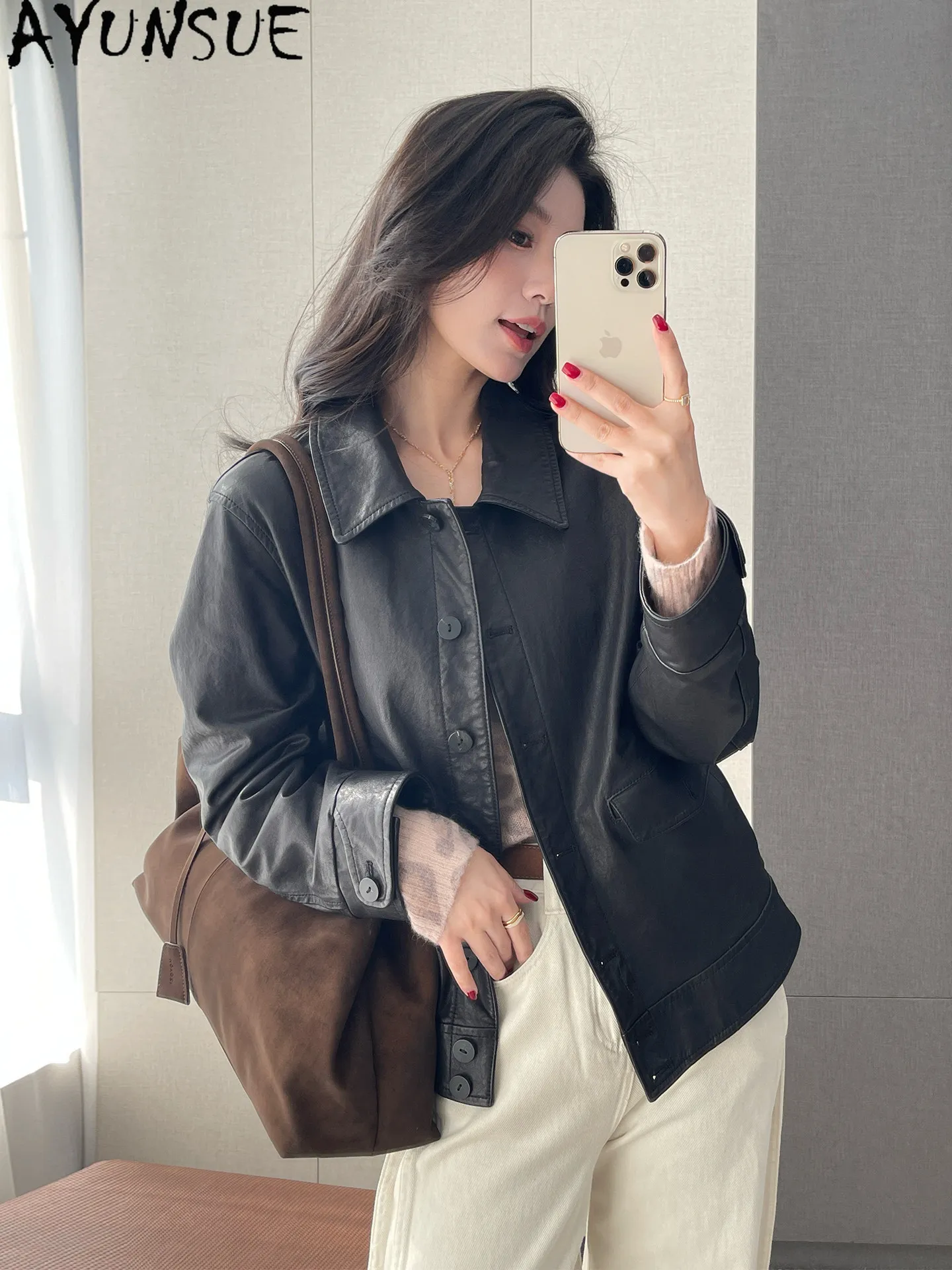 AYUNSUE Top Layer Sheepskin Womens Coats Vintage Black Real Leather Jacket Women Autumn Clothing Short Slim Fit Куртка Кожаная