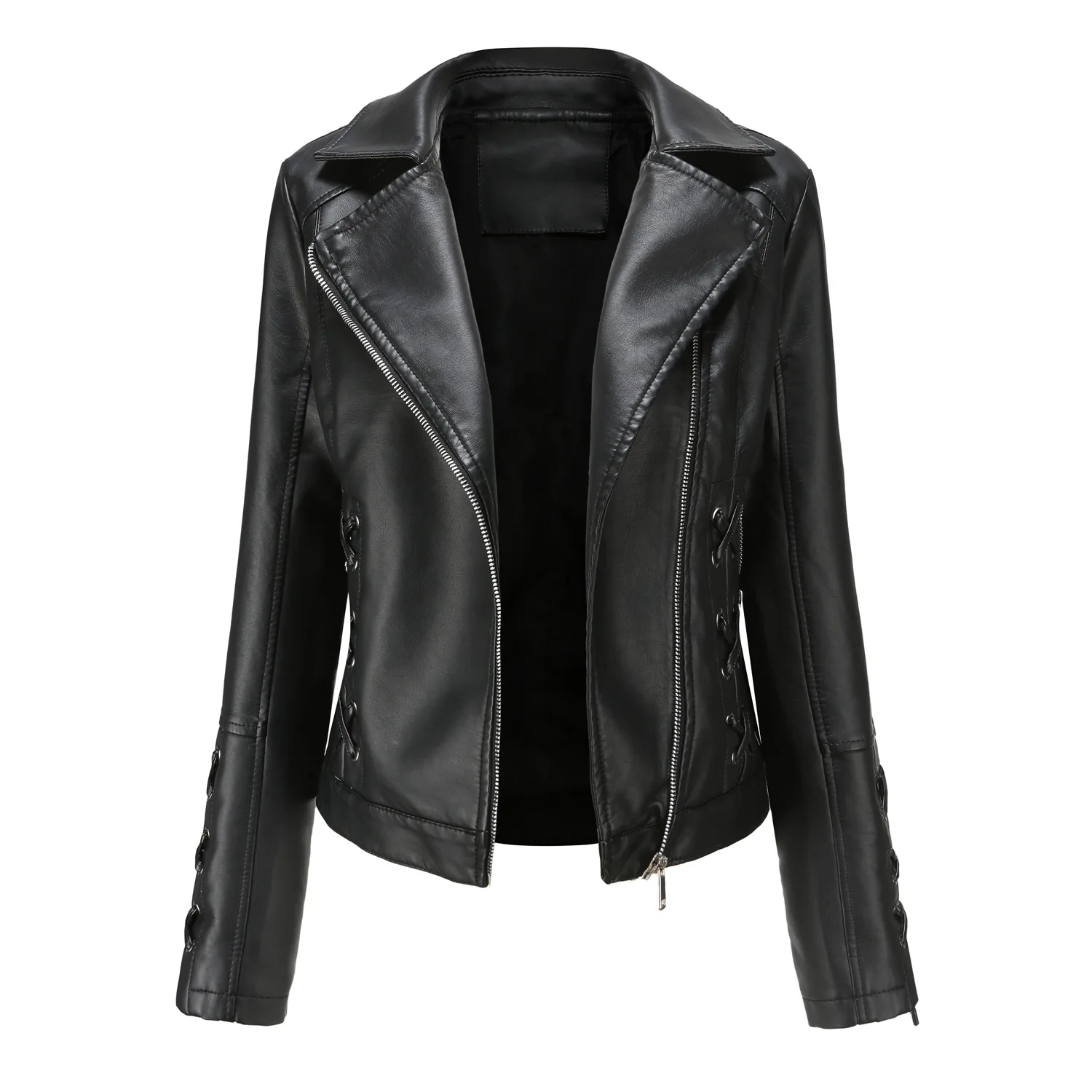 Woven Bandage Leather Jacket Spring Fashion PU Coat Female Casual Zipper Long Sleeve Moto Biker Black Windproof Outwear