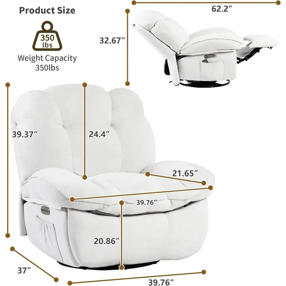 Rocking Swivel Glider Recliner Chair with Heat, White Power, USB and Type-C Charging