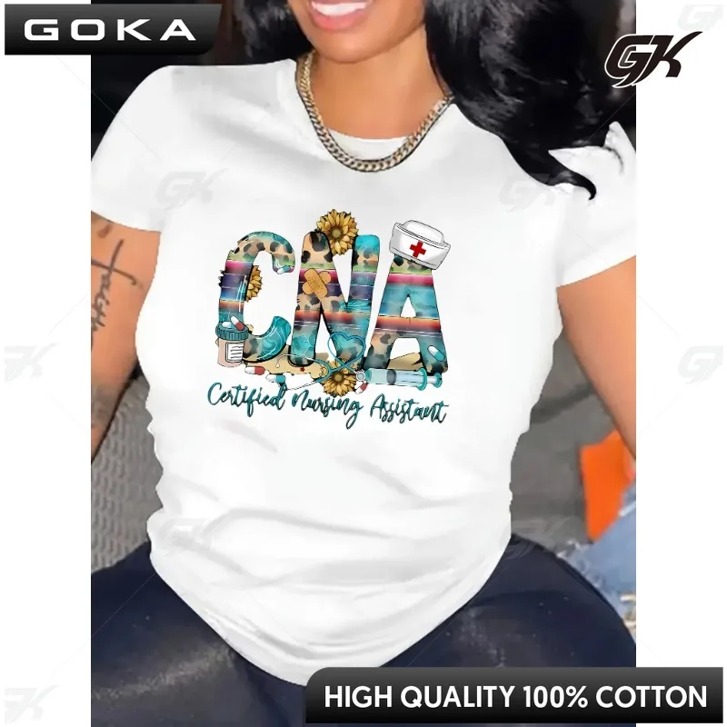 

Women's CNA Certified Nursing Assistant Pattern T-shirt with Brooch and Heart-shaped Round Neck Short Sleeved Top ropa mujer
