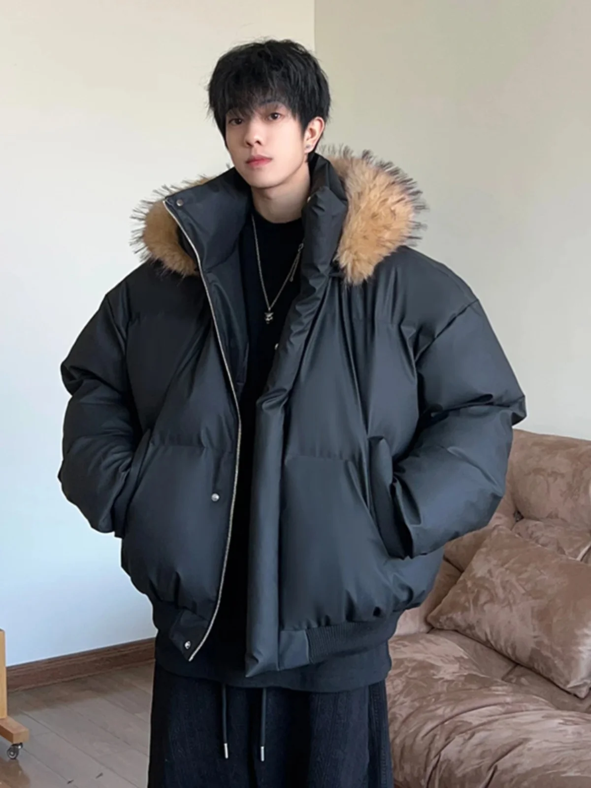 

Bla ort Quilted Jaet Men's Winter Thiened Padded Coat Fur Collar Parka Hooded American Workwear Cotton down Jaet