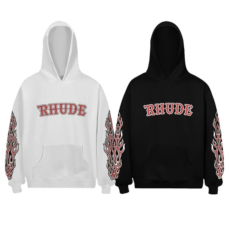 Vintage American Flame Sleeve Print Rhude Hoodies 2 Colors Black White Loose Drop Shoulder Men Street Pullover Sweatshirts