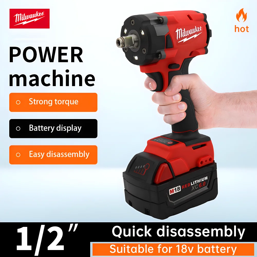 Milwaukee Brushless Cordless Electric Wrench 1/2 Car Truck Repair Screwdriver Hammer Drill Rechargeable 18V Battery Power Tool