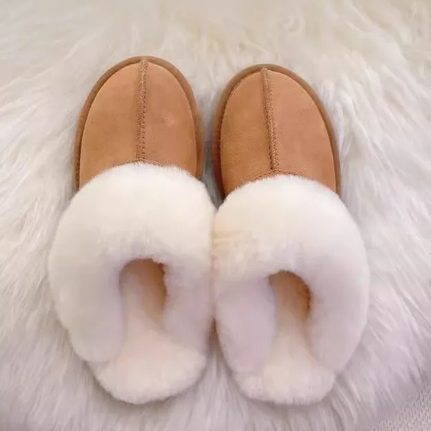 Shoes Woman 2025 House Slippers Platform Winter Footwear Big Size Flock Low Cover Toe Flat Rubber Slides Plush Fur Shearling