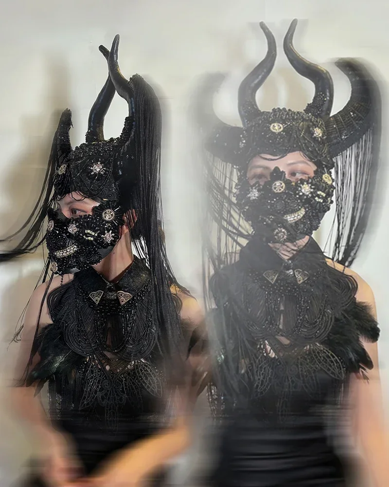 Halloween cosplay Horns Tassel exaggerated headdress DJ Catwalk show Punk Horn Armor cap Demon look Anime Shofar Carnival Gifts
