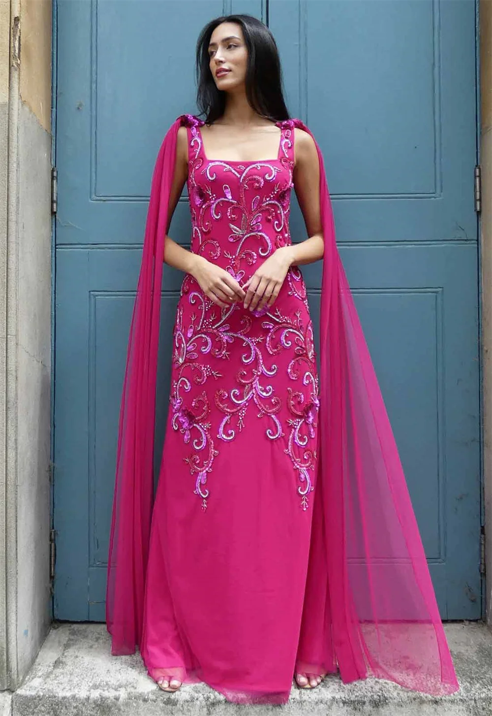 Elegant Pink Floating Sleeve Evening Dress Square Neckline Beading Beads Formal Occasion Dress Embroidery Long Prom Party Gown