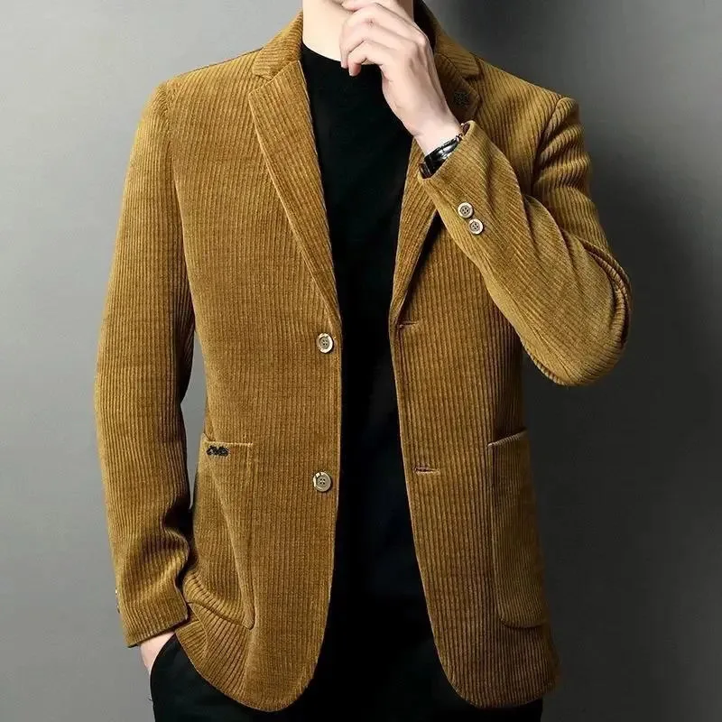 

Corduroy Men's Suits Solid Color Jacket Black Pants 2 Piece Single Breasted Notch Lapel Slim Fit Bespoke Color Formal Business