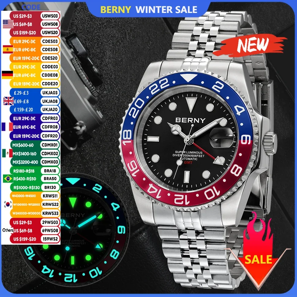 BERNY Men 20ATM Diving GMT Watch NH34 BERNY Automatic Self-Wind Wristwatch Super Luminous AR Sapphire Luxury Sport Watch For Men