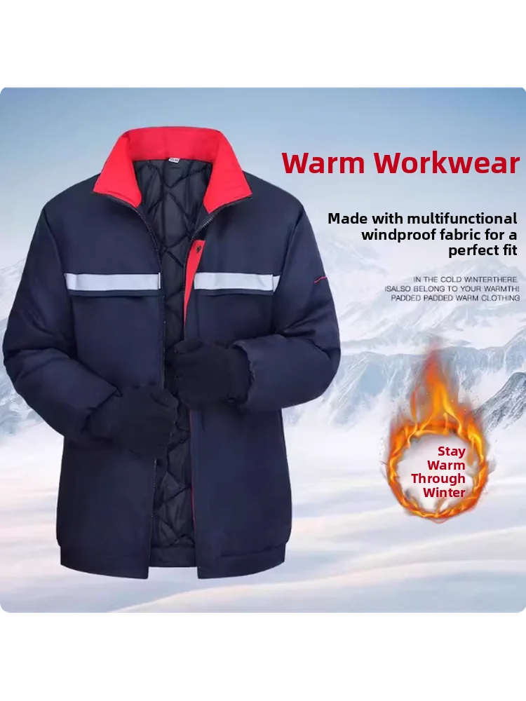 

Men's Winter Work Cotton Jaet Thiened Warm Reflective Strip Multi-ket Labor Protection Clothing Long Sve Zipper Clo...