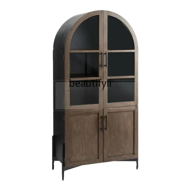 

New style NN American solid wood arched bookcase French retro glass door wine cabinet storage Nordic dining side decora