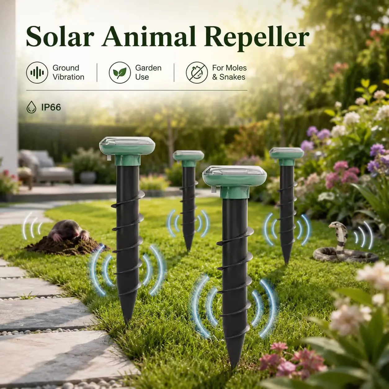 The Outdoor Waterproof Animal Repeller Is Solar-Charged and Works 24 Hours a Day to Repel Moles and Snakes