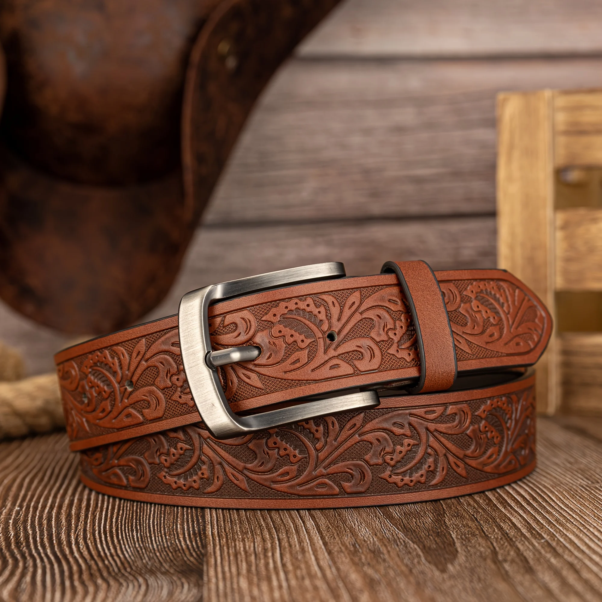 Creative Leather Embossed Buckle Belt for Men's Jeans, Fashion Plant Floral Pattern Waistband, Alloy Needle Buckle Waist Belt