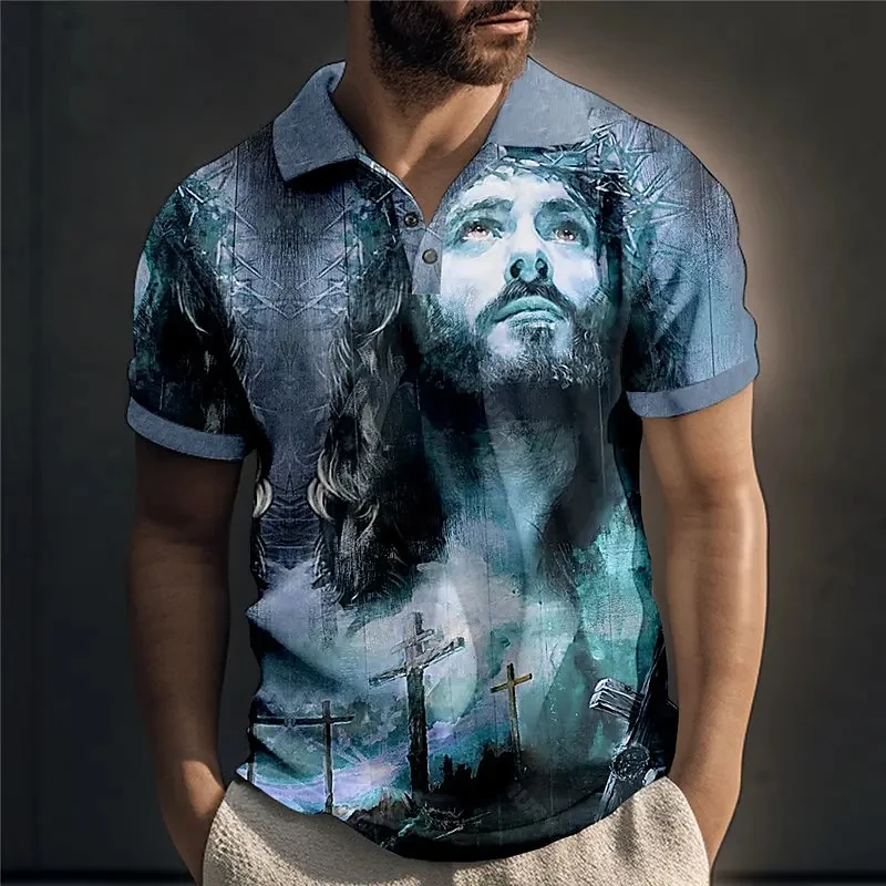 Christ Jesus 3D Printing Polo Shirt Man Summer Lapel Short Sleeve Oversized Top Casual Tee Loose Streetwear Button Up Tshirts