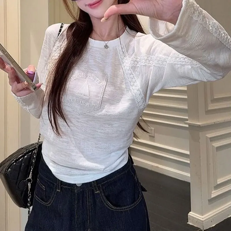 Vintage Korean Lace Spliced Basic Pullovers Spring Autumn Solid Color Women's Clothing Long Sleeve Casual Round Neck T-shirts
