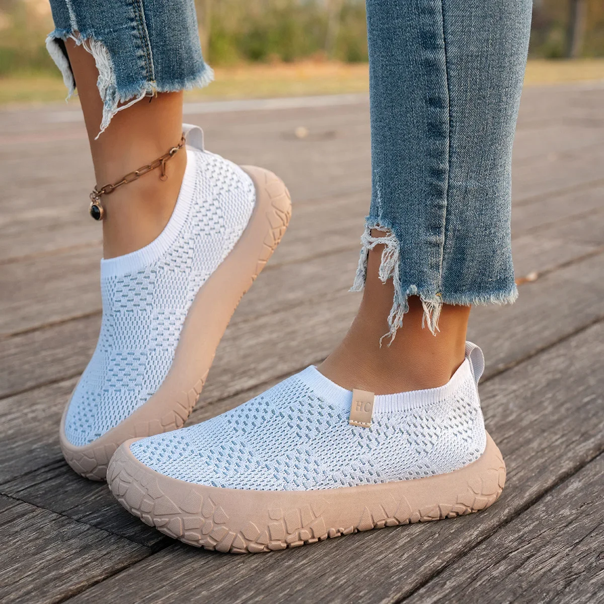 Atmungsaktive Damen-Slip-On-Sneaker mit Plateau, dicker Gummisohle, leicht, rutschfest, für Outdoor, Walking, Alltag und Freizeit – Detail 5