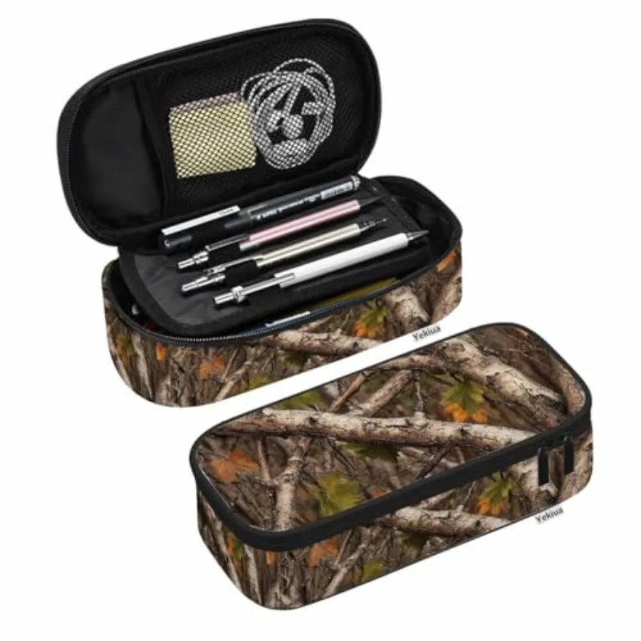 

Realistic Trees Camouflage Pencil Holder Branches Green Brown Oak Leaves Big Capacity Pencil Case Multi-Purpose Makeup Pouch Fo