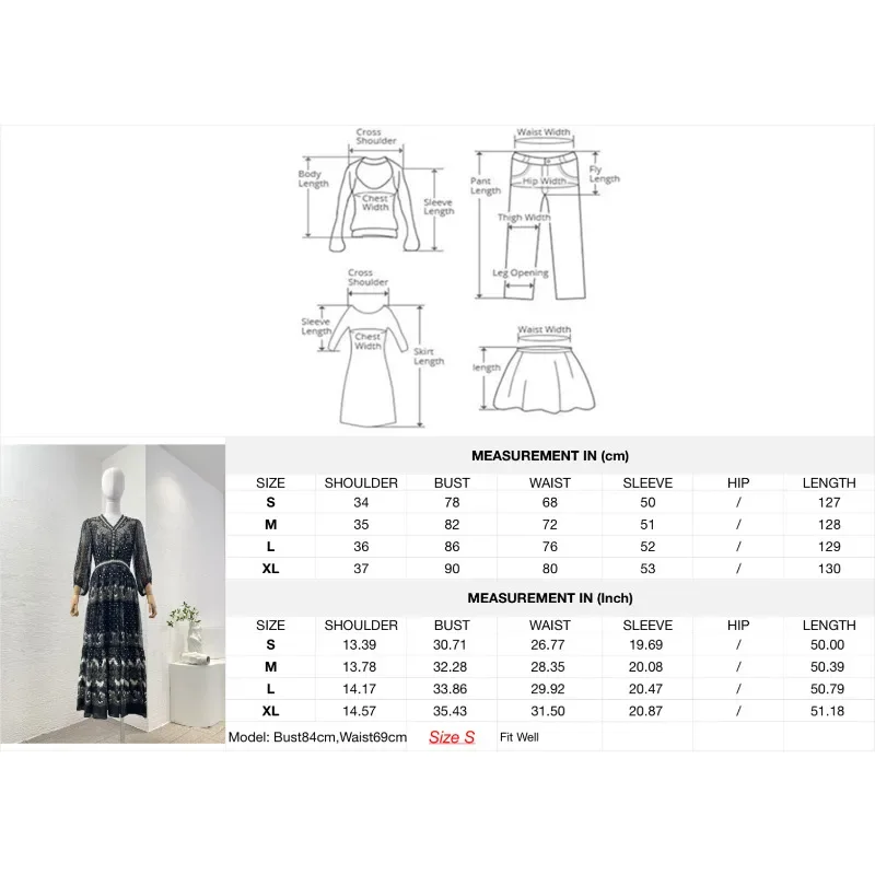 Schwarzes Midikleid mit Blumendruck, Rüschen, 3/4-Ärmeln, Faltensaum, 2025, Seide