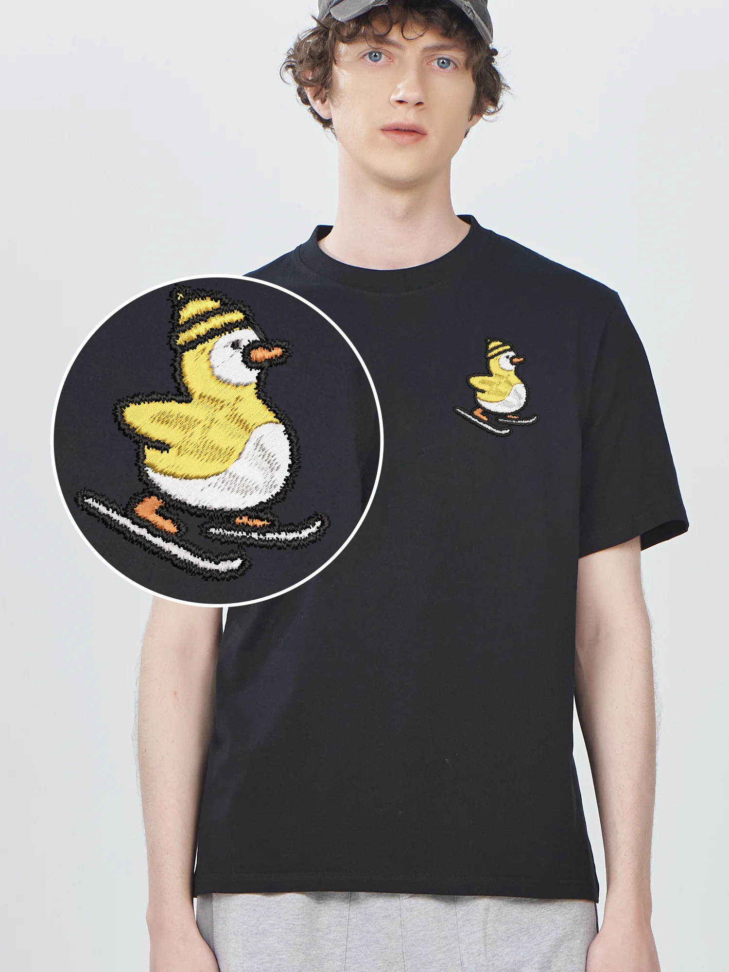 

Funny Animals Graphic Embroidered Tshirts Lovely Duck Skiing Breathable Fashionable Embroidered T Shirts For Men Women